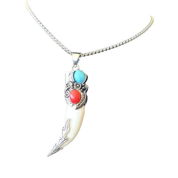 22" Snake Chain with 3" Horn Pendant embellished with Faux Turquoise Red & Blue - Picture 1 of 5